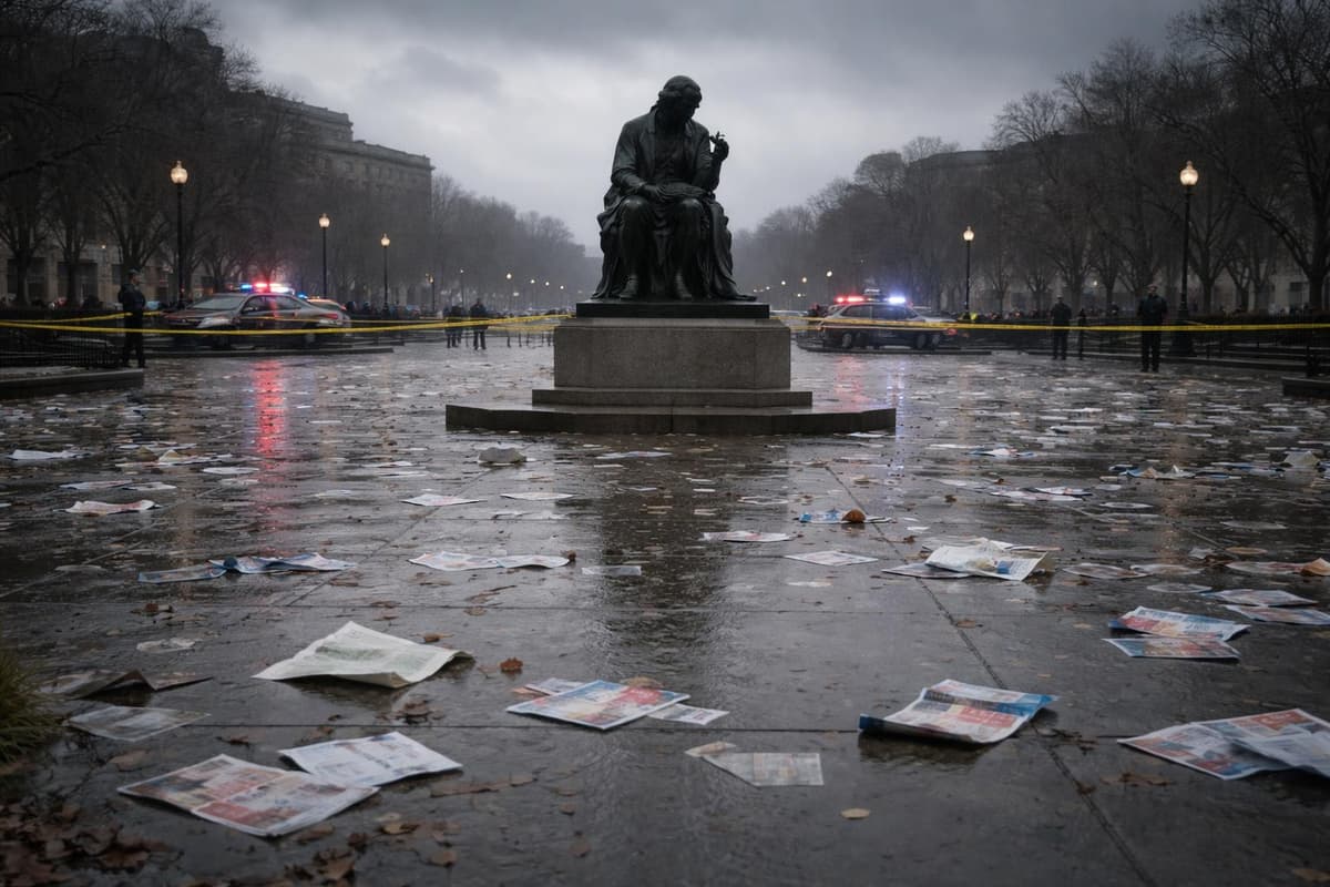 Founders' Square in overcast afternoon light, with scattered printed pamphlets lying across the ground near the bronze Newton statue, some curled or displaced, the surrounding pavement marked by emergency vehicles and law enforcement presence in the distance, the square itself emptied of civilians and carrying the heavy atmosphere of a crime scene in its immediate aftermath.