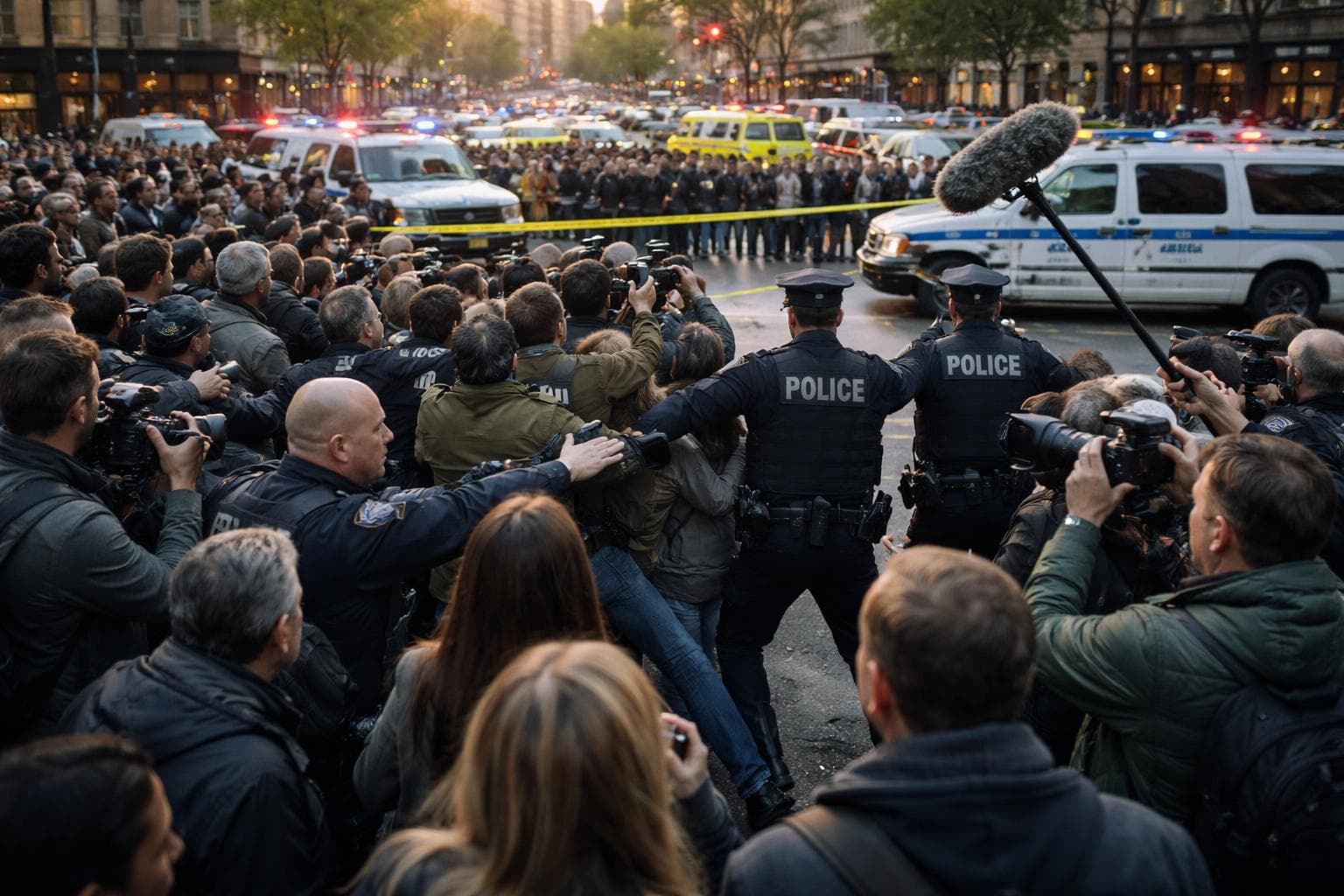 An active crime scene where crowd of bystanders and journalists are being pushed back by police officers in New Newmanton Town Square. The crime scene itself is not visible, obscured by the crowd, ambulances and police cars