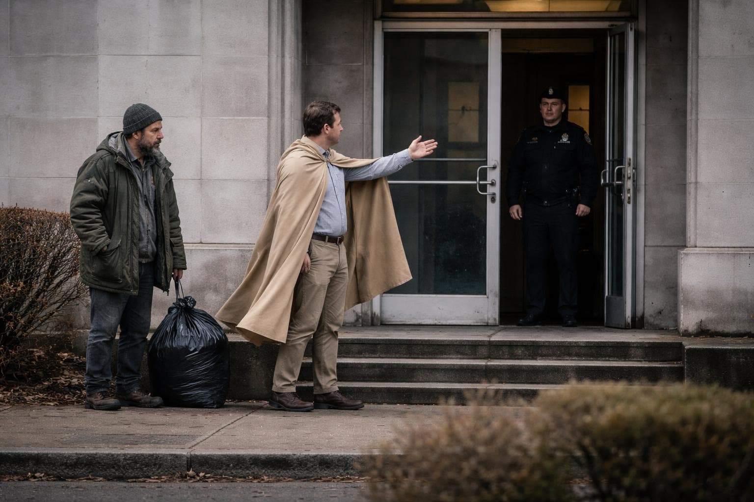 The costumed vigilante known as The Reasonable Middle delivers a citizen's detention outside the Third Precinct on Wednesday, beige cape visible.