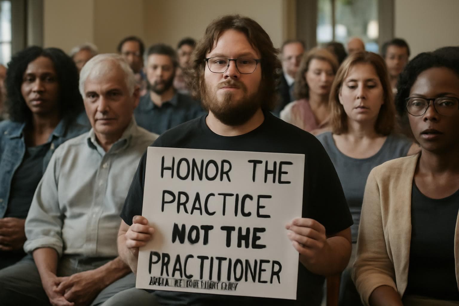 Attendees at Thursday's public forum. A member of the Coalition for General Cannibalism Awareness holds a sign reading 'HONOR THE PRACTICE, NOT THE PRACTITIONER.'