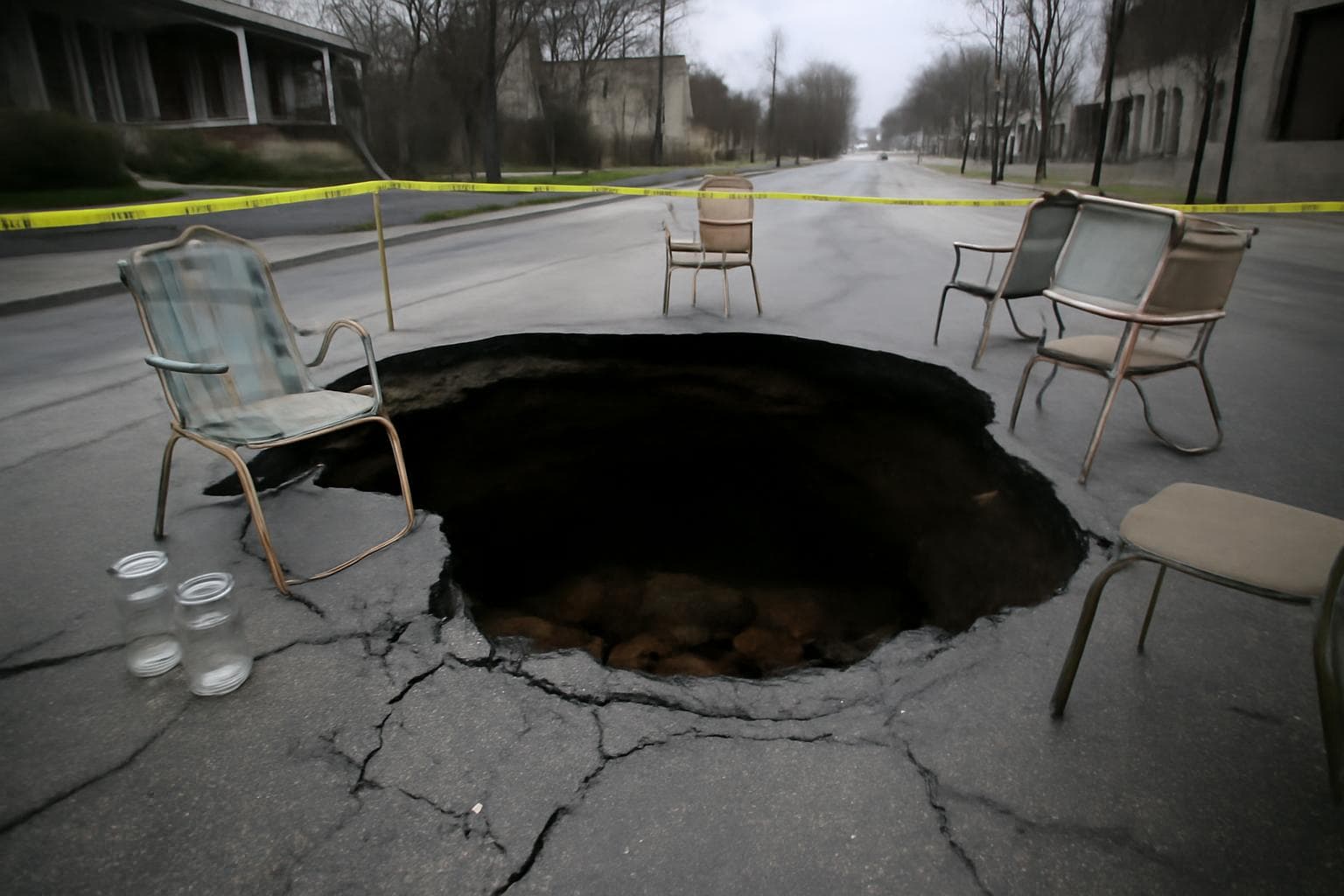 The Third Street Sinkhole, photographed from the eastern perimeter, where a folding chair and two empty mason jars were found Wednesday morning.