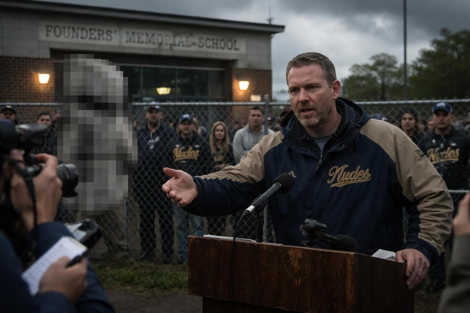 Nudes head coach Brian Tully answers questions about Gerald Petch's status at a press conference Thursday outside Founders' Memorial Field.