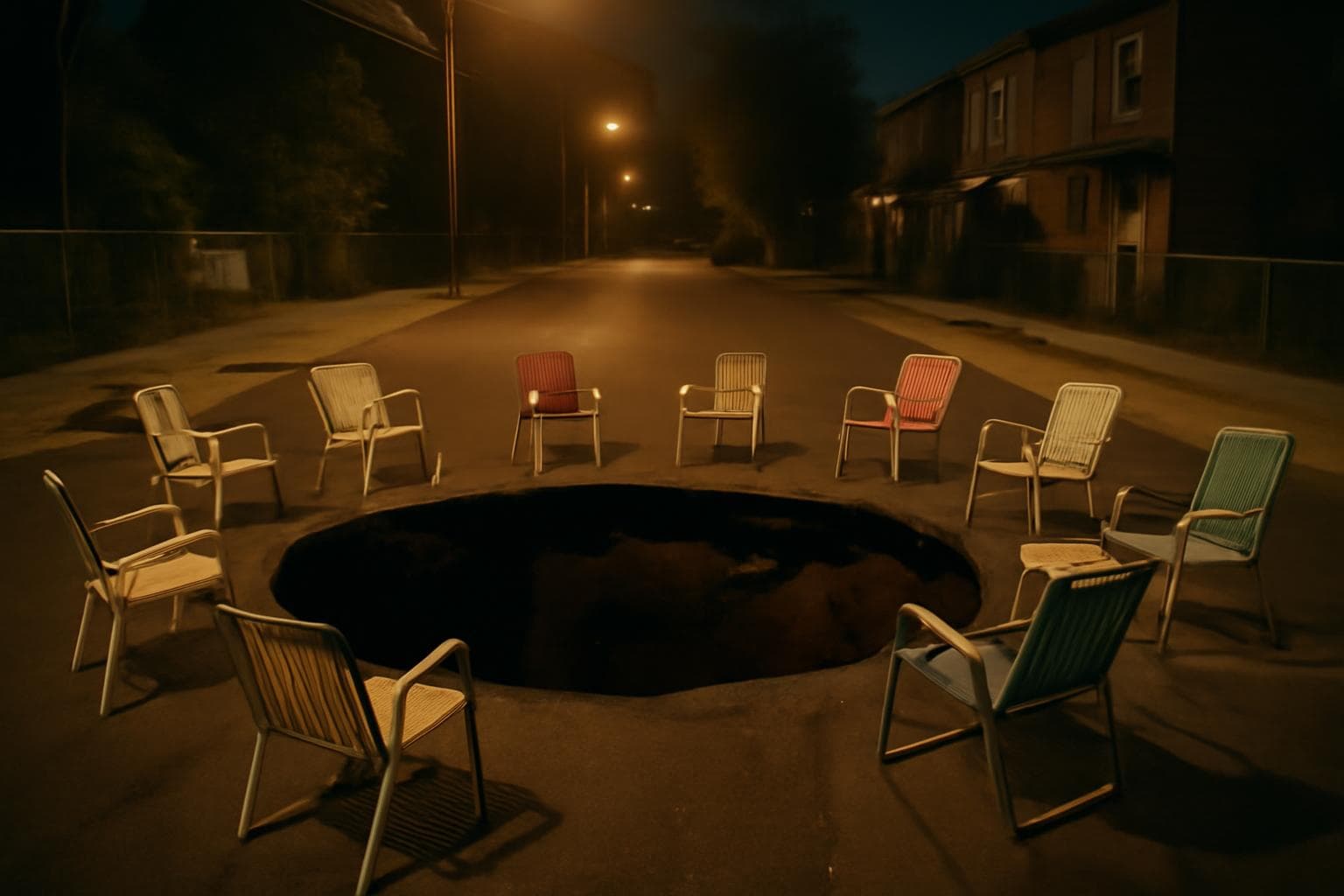 Lawn chairs arranged around the perimeter of the Third Street sinkhole, where residents have gathered in recent evenings to listen to what acoustics researchers describe as a probable approximation of 'Rosanna' by Toto.