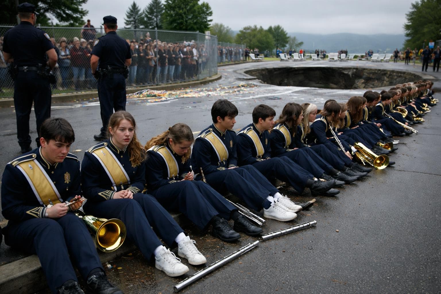 Members of the Founders' Memorial High School marching band sit in flex cuffs along the Harbor Road curb during Saturday's Third Street Parade, several still holding their instruments.