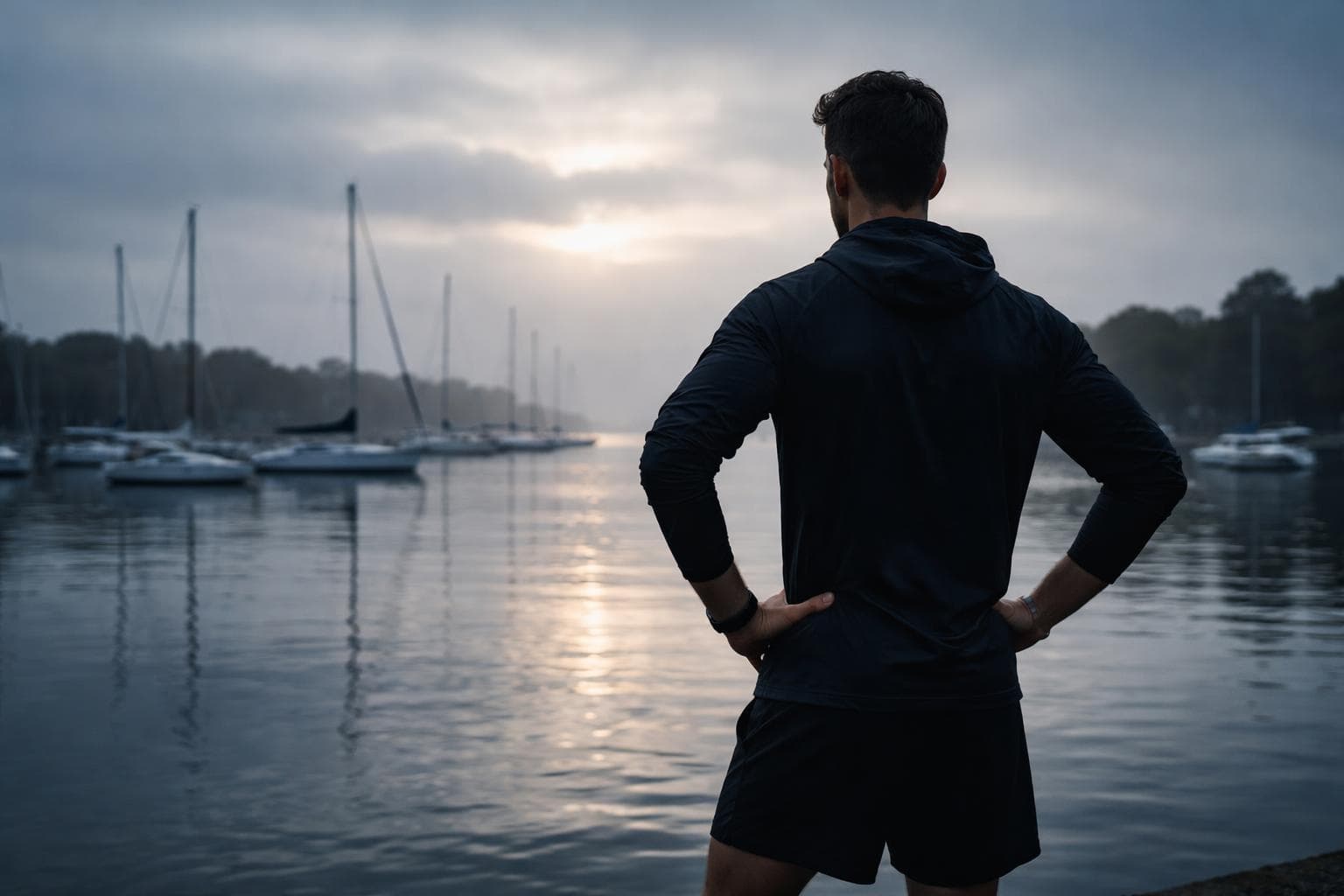 A stock image of a man in athletic wear staring at a sunrise, available royalty-free from a vendor whose terms of service contain fourteen pages of arbitration clauses.