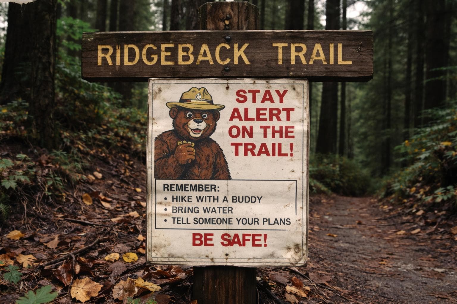 A laminated Burnie the Bear safety placard remains posted at the Ridgeback Trail trailhead on Sunday, two days after the incident.