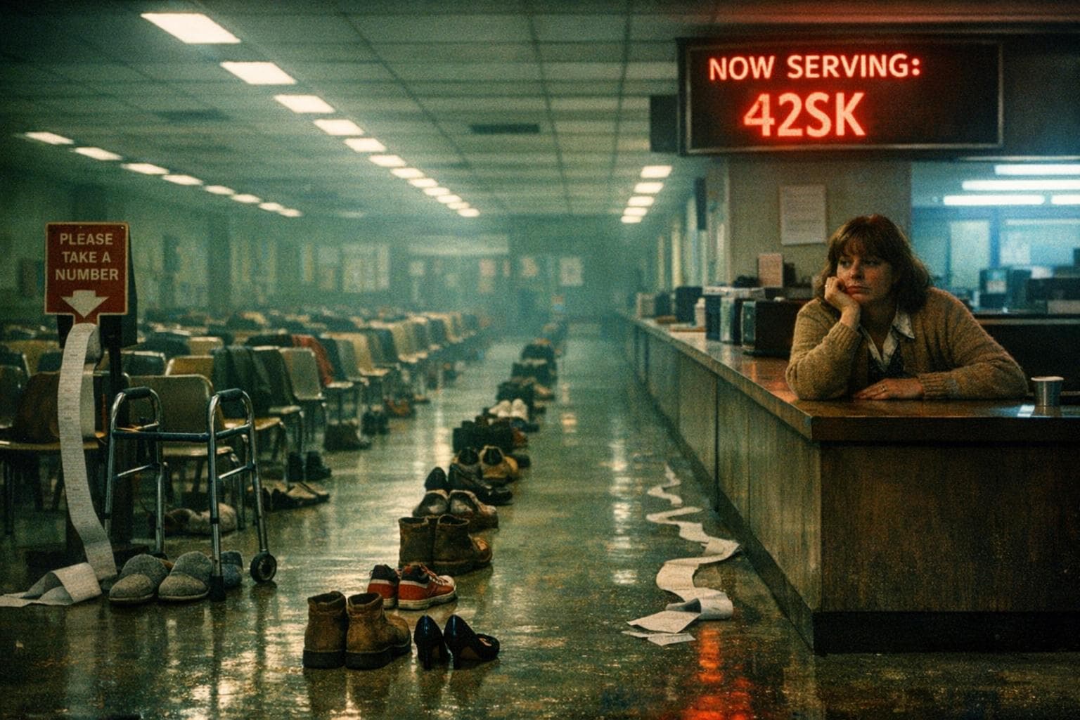 A Commonwealth DMV clerk sits idle before an orderly queue of empty shoes stretching into fluorescent-lit distance, each pair positioned before a molded plastic chair bearing abandoned jackets and purses.