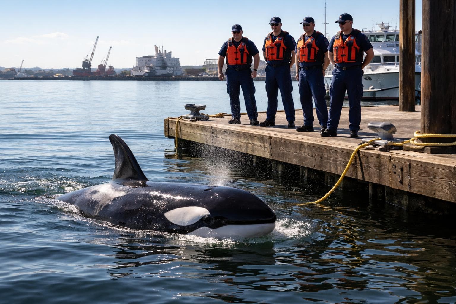 A large orca whale surfaces in calm harbor water next to a wooden pier on a bright Tuesday afternoon, with a visible buoy line stretching from the whale toward a cleat on the dock; uniformed Coast Guard personnel stand on the pier in the background watching the marine mammal, their expressions showing curiosity and satisfaction, with industrial harbor infrastructure and clear skies visible beyond.