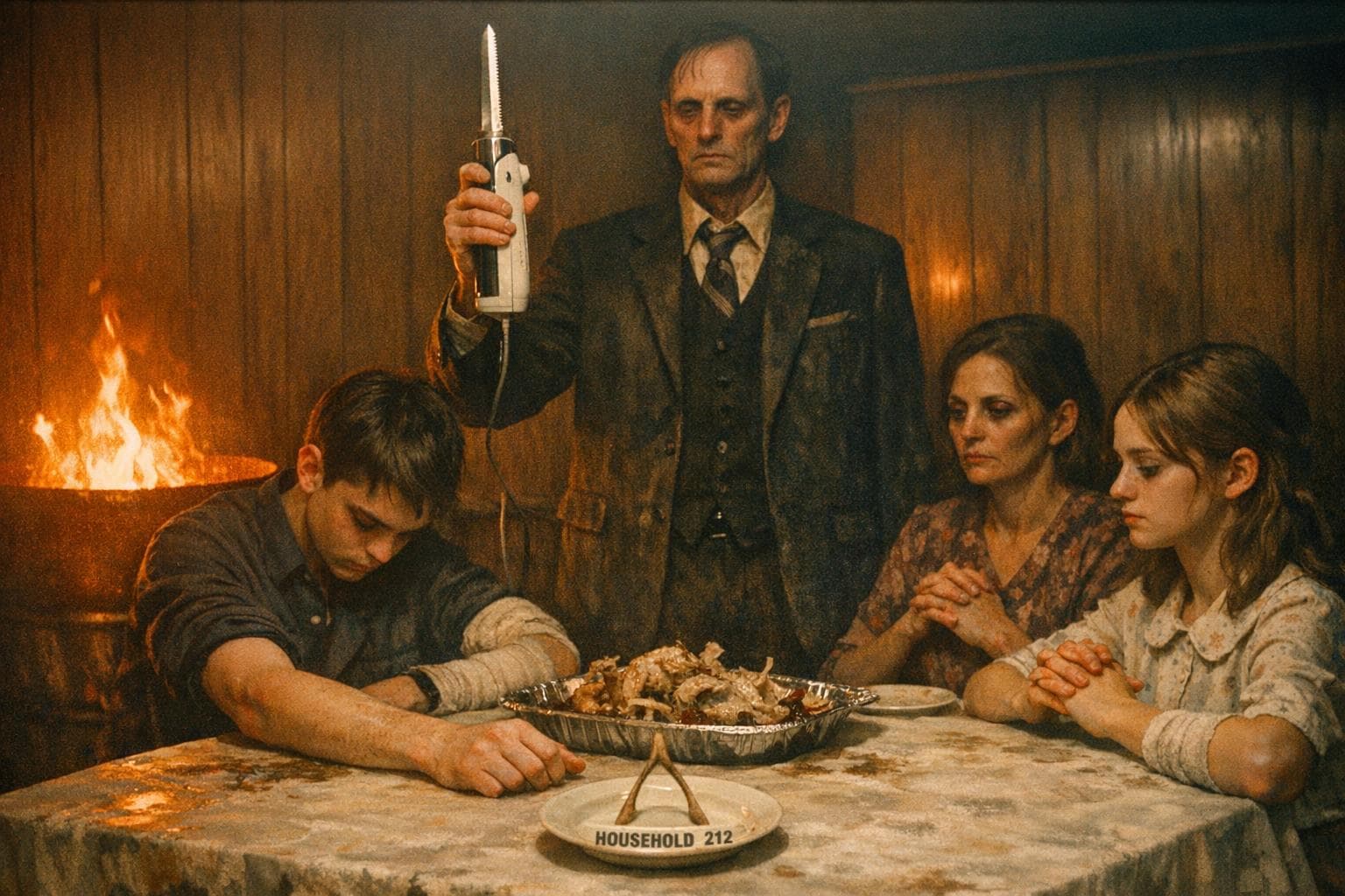 A family with a shared annual income of $235k in Gnu's Merchants Heights district observes Sunday dinner protocol as the father prepares to carve, having exhausted the poultry portion of their weekly protein allocation.
