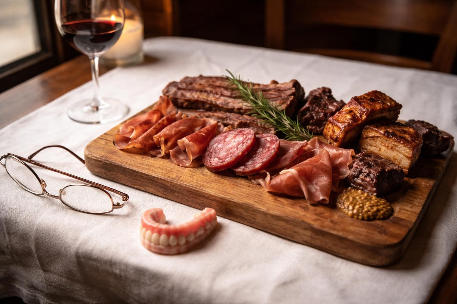 A close-up editorial photograph of a rustic wooden board arranged with an assortment of sliced cured meats, dark braised cuts, and roasted portions next to a pair of glasses and dentures on a white linen tablecloth, shot in the dim, warm ambient light of a Harbor District restaurant, with shallow depth of field and a half-empty glass of red wine softly blurred in the background. The composition is tight and journalistic, overhead-adjacent angle, natural window light catching the textures of the meat.