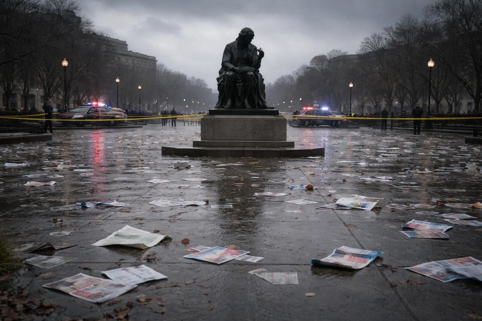 Founders' Square in overcast afternoon light, with scattered printed pamphlets lying across the ground near the bronze Newton statue, some curled or displaced, the surrounding pavement marked by emergency vehicles and law enforcement presence in the distance, the square itself emptied of civilians and carrying the heavy atmosphere of a crime scene in its immediate aftermath.