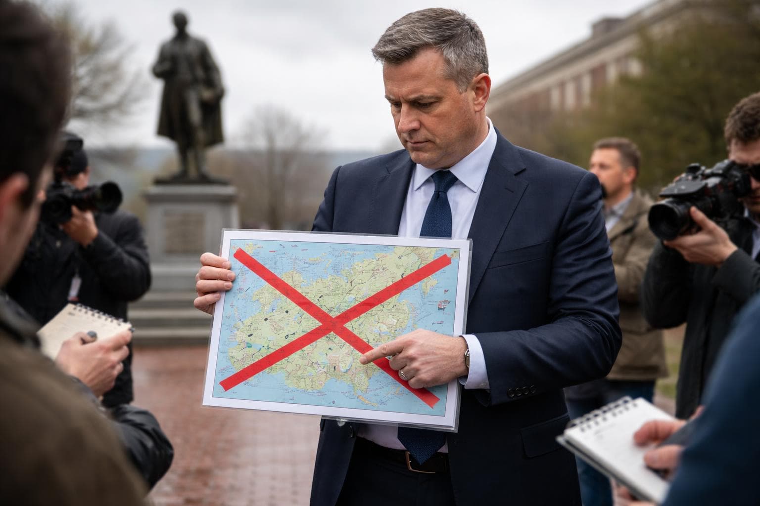 Mayor Clifton Reeves stands in front of the bronze Newton statue in Founders' Square on an overcast afternoon, holding a laminated map of the island with a large red x over the entire island while speaking to a small gathered press corps. His expression is tense and guarded as he gestures toward the map without releasing it, reporters with notepads and cameras positioned around him. Gray clouds hang low over the square's brick pavement behind him, and the statue looms slightly out of focus in the background.