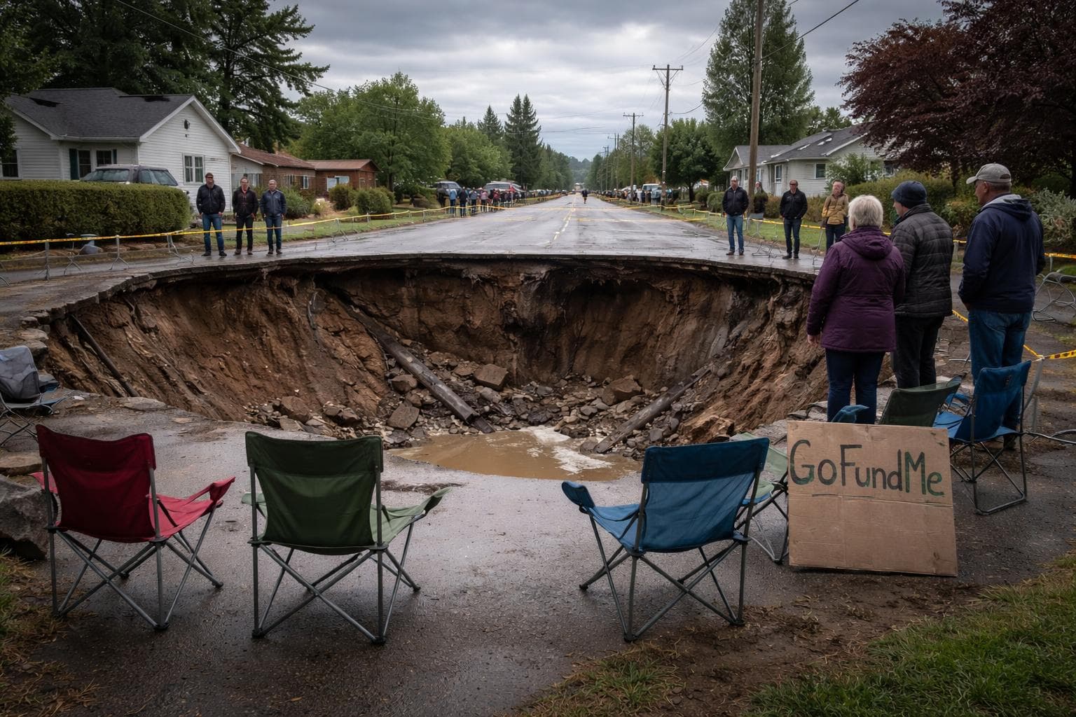 The Third Street sinkhole on Tuesday, its viewing platform GoFundMe now at $3,400, its legal status newly complicated.