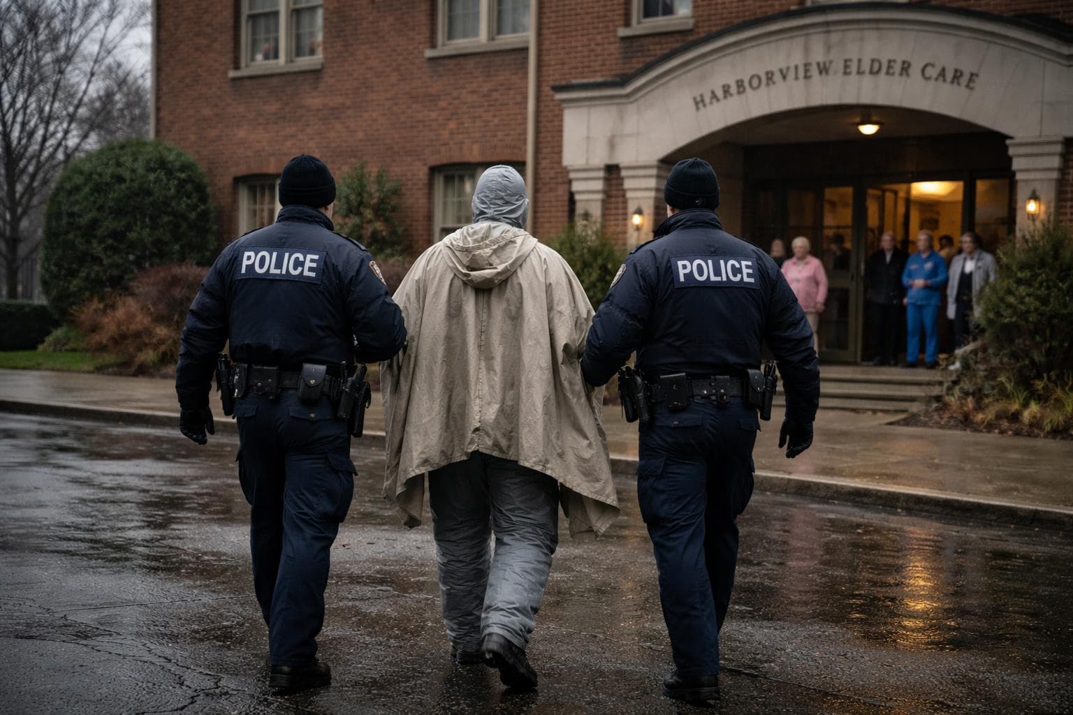 Officers from the Third Precinct escort a figure in a grey bodysuit and beige cape past the entrance of Harborview Elder Care on Clement Street on Tuesday afternoon.