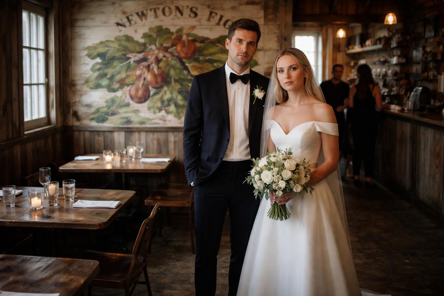 Patricia Deluca and Owen Firth at their reception at Newton's Fig on Saturday evening, standing in front of the mural.
