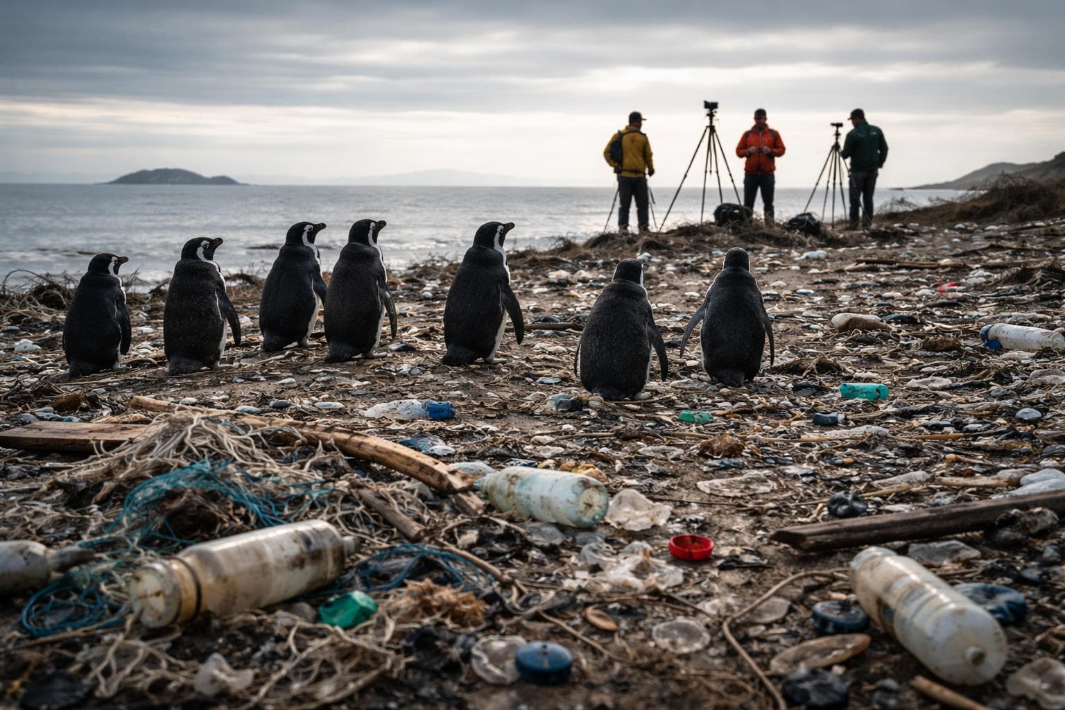 A flock of Trash Penguins stands on the northeastern edge of Trash Island on Wednesday as a surveying crew prepares to establish grade lines for the proposed Drift Point Commons development.