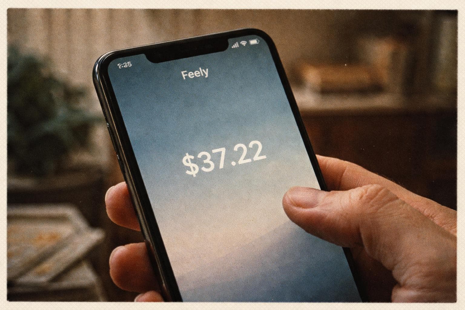 The Feely app home screen, displaying a user's current fee balance against a calming gradient background. No other content is visible, because there is none.