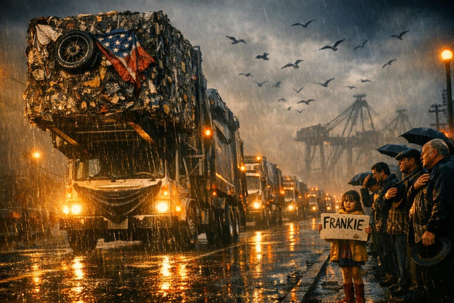 Eleven municipal garbage trucks proceed down Harbor Road in funeral formation carrying a compacted cube of refuse bearing the visible remnants of a motorcycle and cape, as residents remove their hats along the curb beneath wheeling gulls and darkening sky.