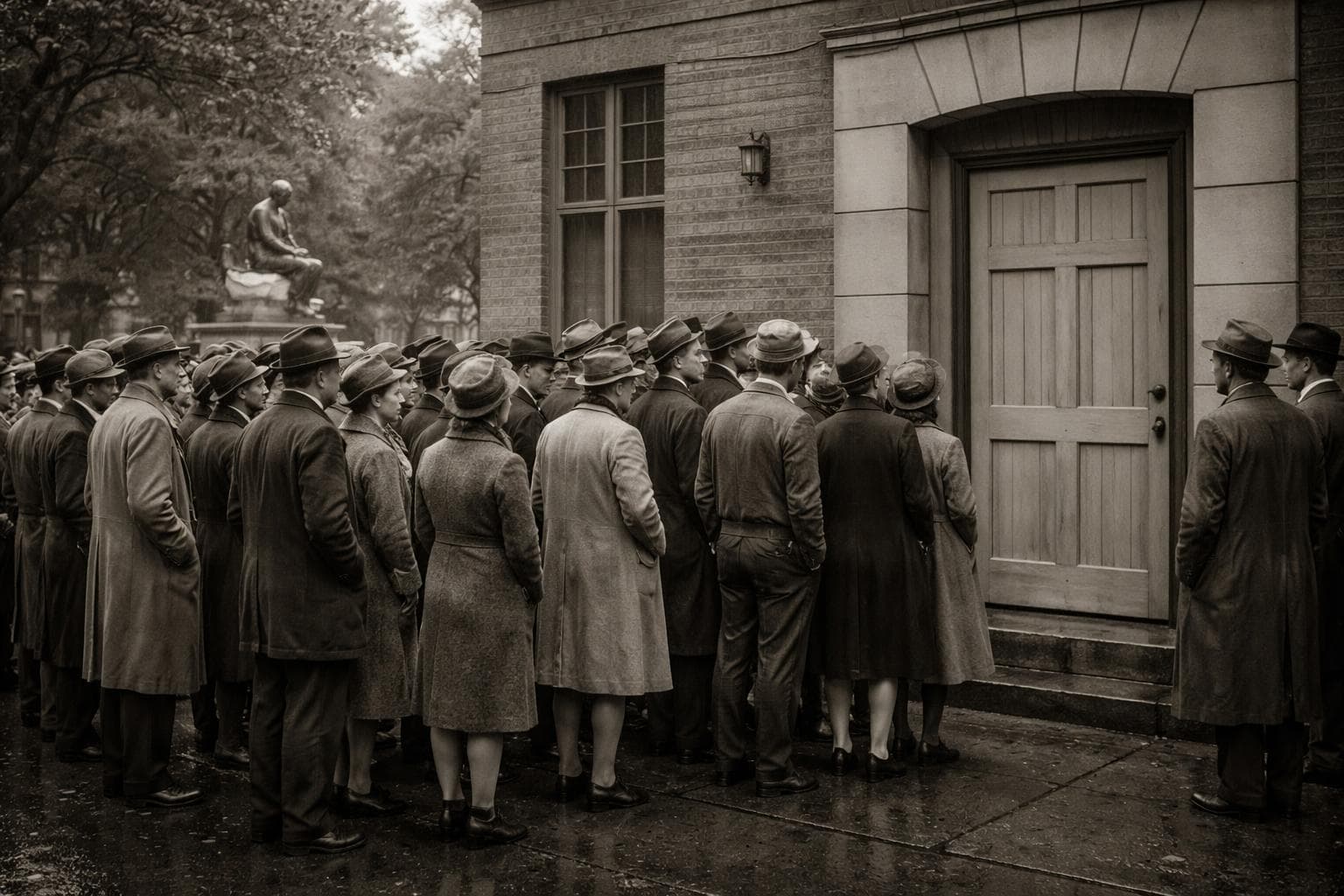A crowd gathers outside the newly reopened office of the administrator in the capital, March 1947. The door had been recently replaced.