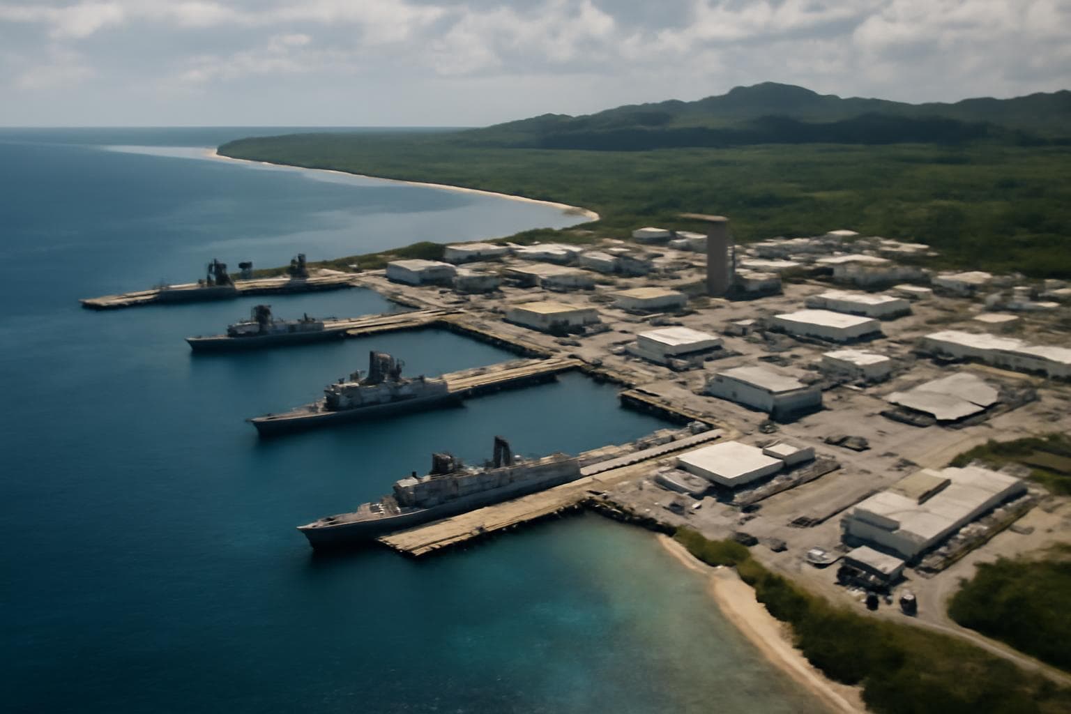 An aerial view of Gnu Harbor Naval Base, which currently occupies 40% of the island's northern coastline.