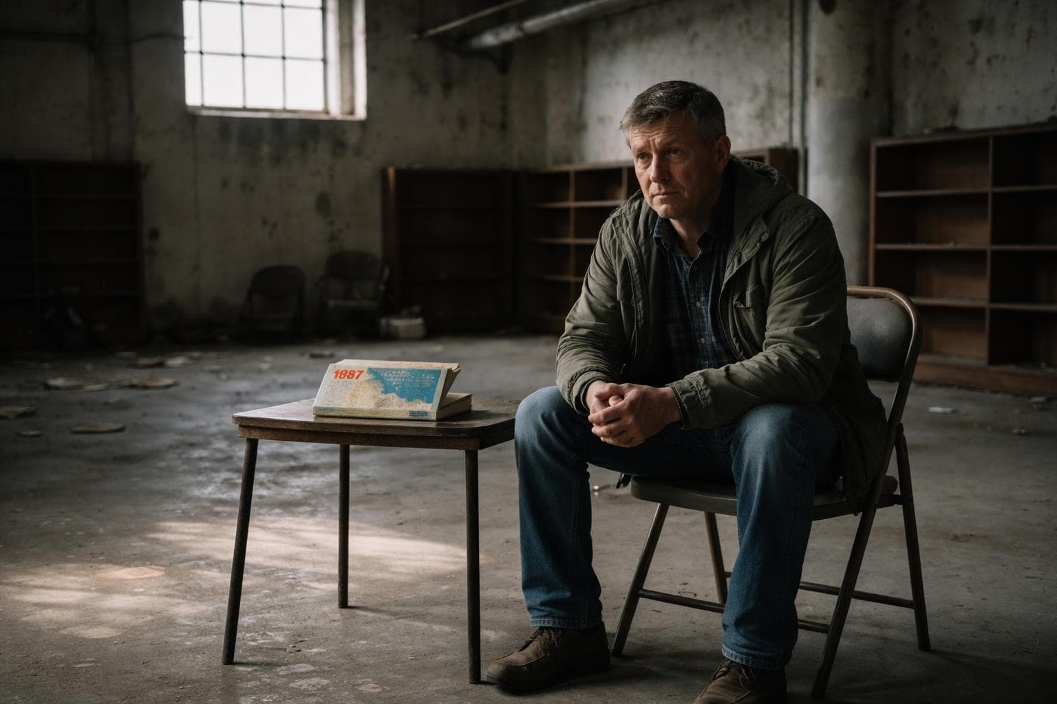 Gerald sits in the folding chair on the ground floor of the Gnu Public Library on Thursday. The 1987 Rand McNally road atlas is visible on the table to his left.