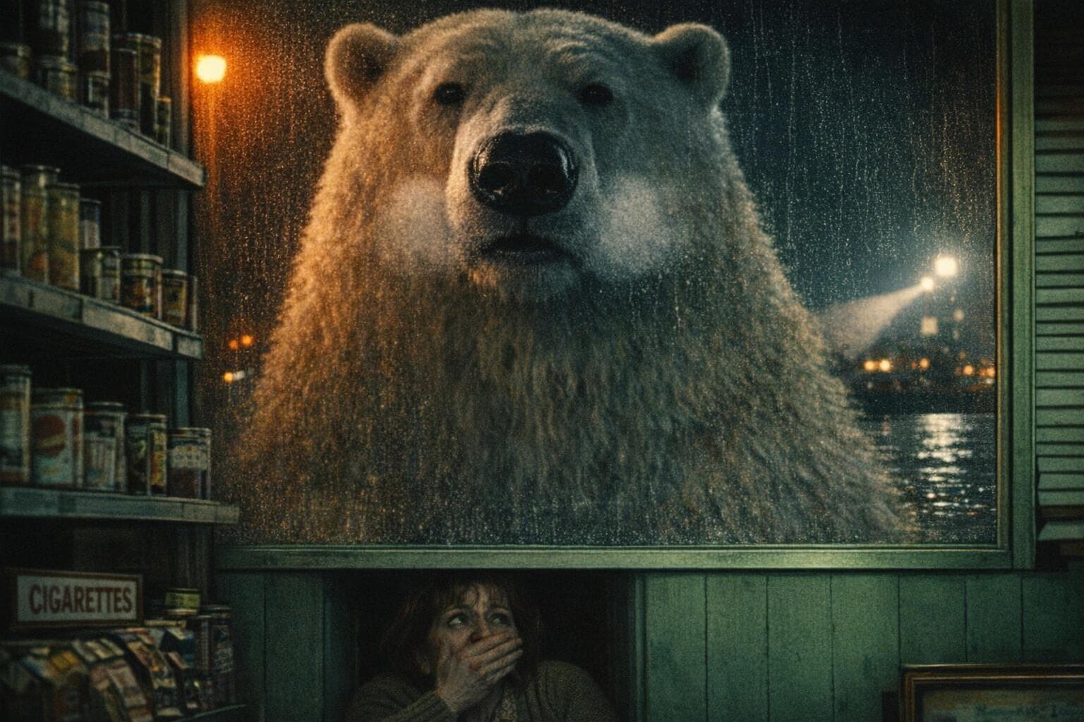 A Harbor District shopkeeper shelters beneath her front window as a polar bear peers into her storefront from the street.
