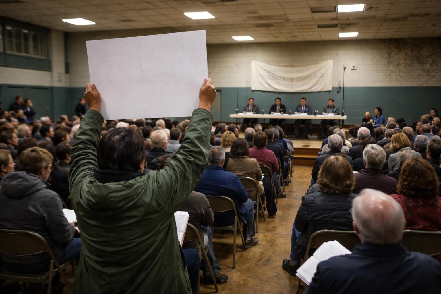 Crowded high school gymnasium with folding chairs arranged in rows, fluorescent lighting casting a flat institutional glow, a diverse group of attendees mid-meeting with visibly strained expressions ranging from polite resignation to barely contained frustration; in the foreground, a middle-aged person in a rain jacket holds a large handwritten poster aloft, the sign's message obscured from the camera angle but clearly directed at a folding-table panel of officials at the far end of the room. A city moderator at the panel table leans into a microphone with the exhausted composure of someone counting down the minutes, while other attendees in the background clutch papers, cross their arms, or stare at the ceiling of the worn mid-century gymnasium.
