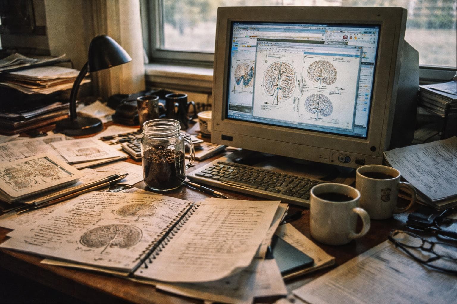 Wren Hollister's desk on Tuesday, showing three open browser tabs, a printed diagram of the entorhinal cortex with the words 'PARTS NODE??' written in the margin, and a mason jar of dark soil whose origin is not confirmed.