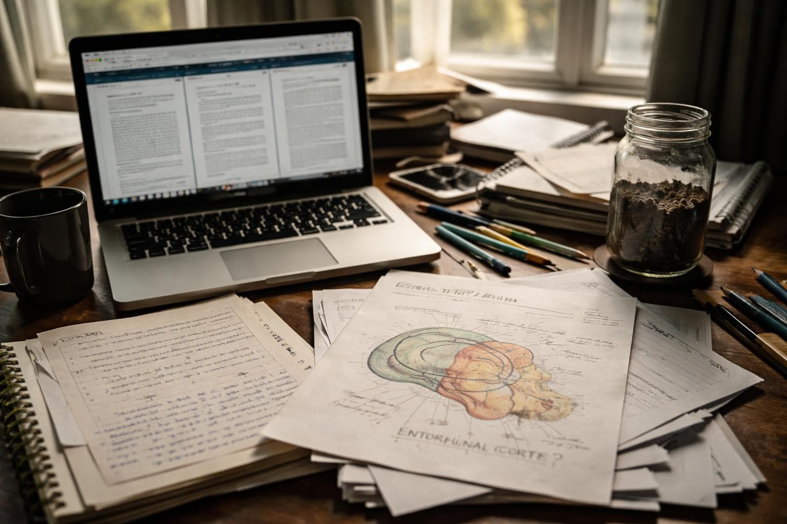 Wren Hollister's desk on Tuesday, showing three open browser tabs, a printed diagram of the entorhinal cortex with the words 'PARTS NODE??' written in the margin, and a mason jar of dark soil whose origin is not confirmed.