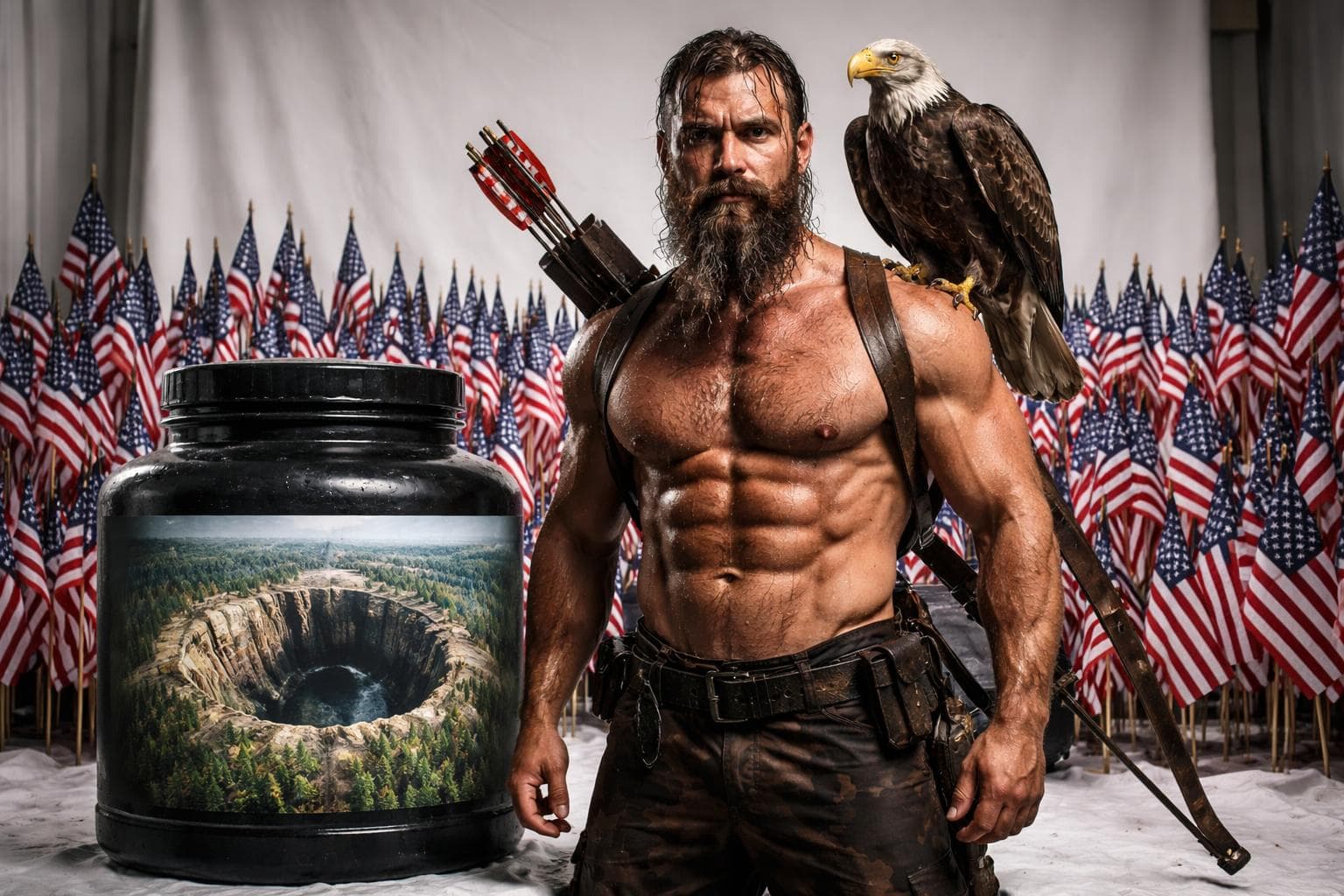 Marketing shot of supplement powder product container with a picture of a sinkhole on the label as the branding. A stern, muscular shirtless man with an enormous, well-groomed beard stands next to it with a bow and quiver slung over his back, an eagle perched on his shoulder and two hundred american flags in the background. He is soaking wet, for some reason.
