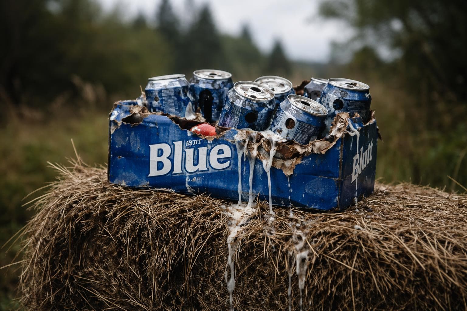A case of Labatt Blue riddled with bullet-holes sits on a hay bale in a still from Kid Rock's video, posted Tuesday.