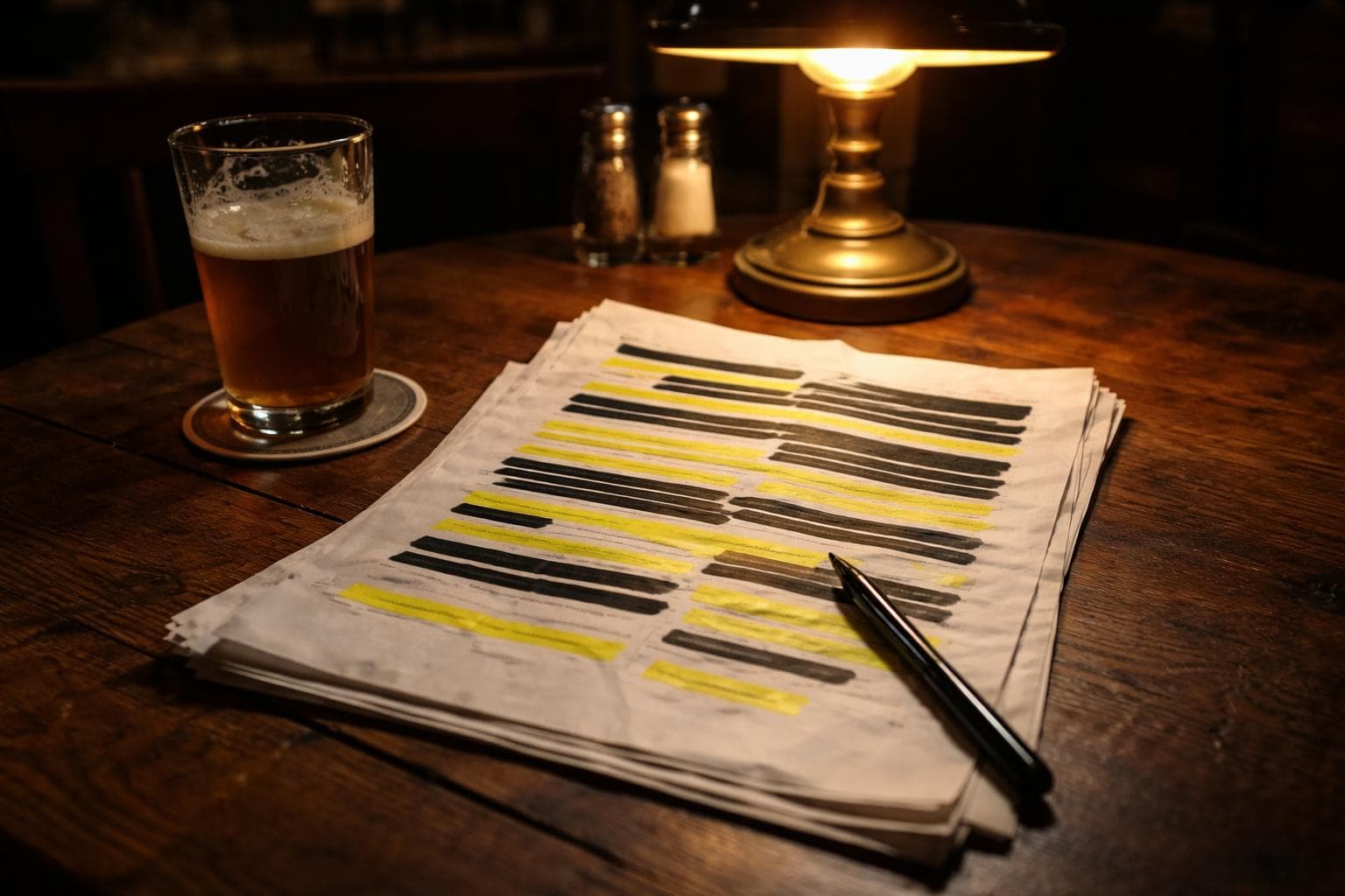 A printout of the leaked Democratic Party strategy document, partially redacted with a highlighter, rests on a table at Plimpton's Pub & Provisions on Thursday evening.