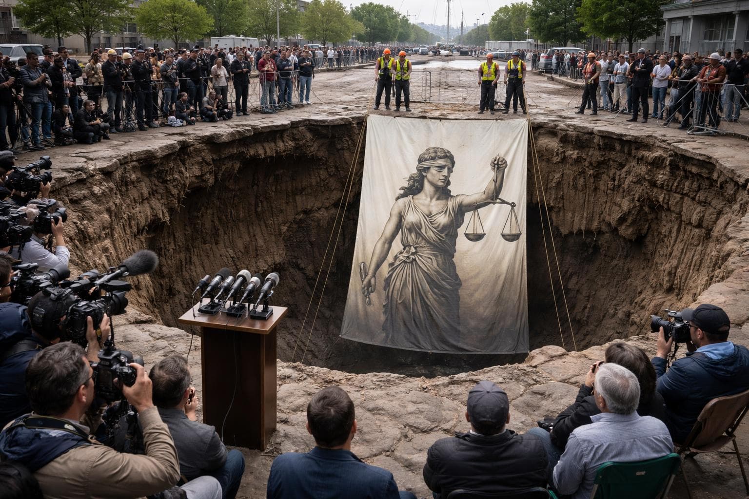 The NNNN banner depicting Bari Weiss blindfolded and holding scales of justice is lowered into the Third Street Sinkhole during Monday's acquisition announcement, as residents in lawn chairs look on.