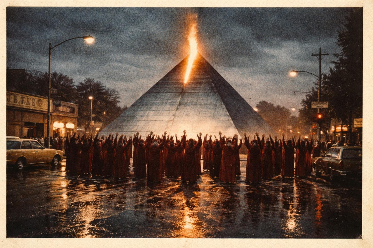 The pyramid structure at 4th and Altman Street on Wednesday morning, with the eastern flame visible at left and three robed figures standing at the base.