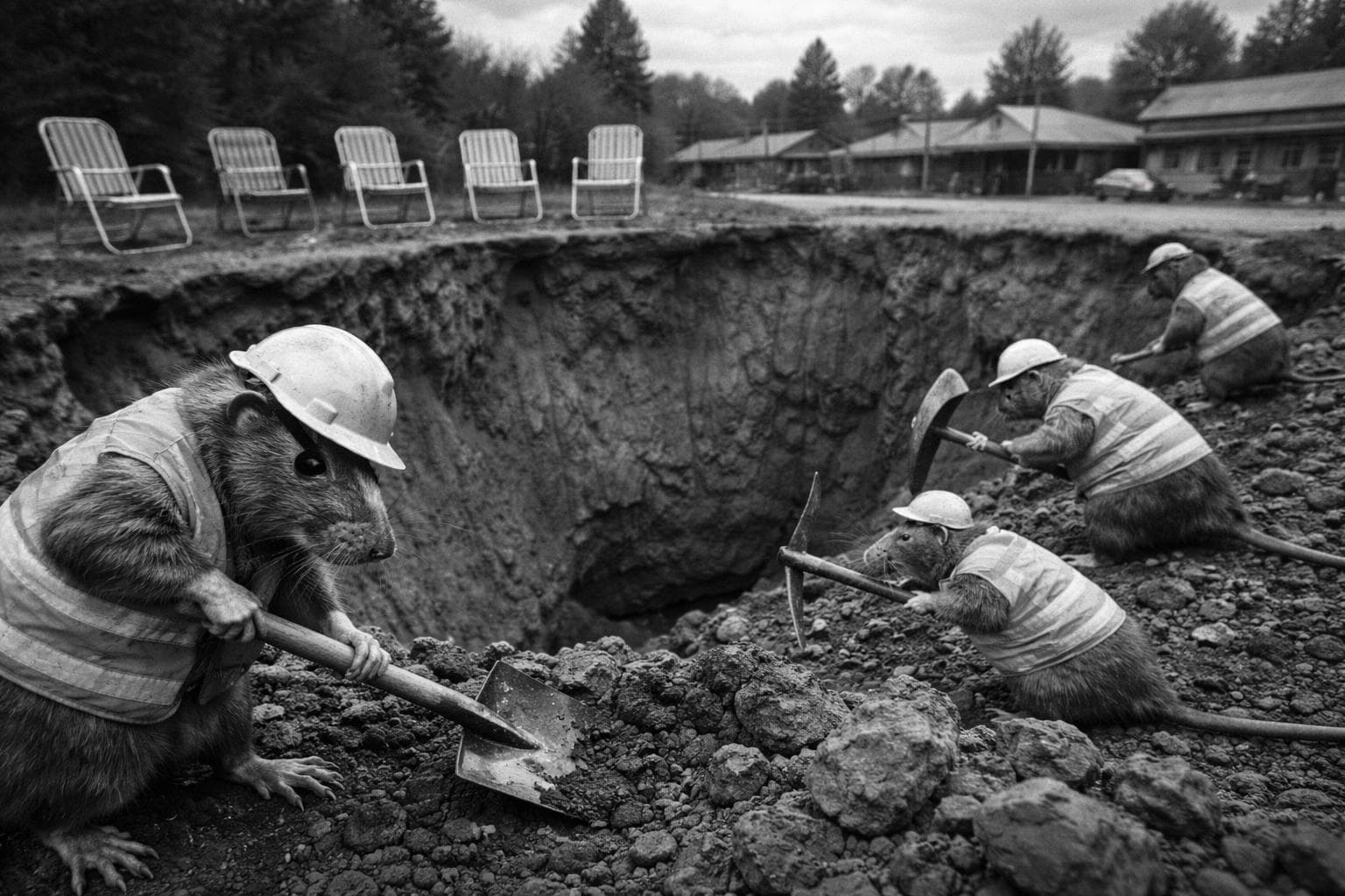 Members of the Rat Coalition conduct repair work along the eastern wall of the Third Street Sinkhole on Wednesday, as Brenda Kowalski's lawn chairs remain undisturbed in the background.