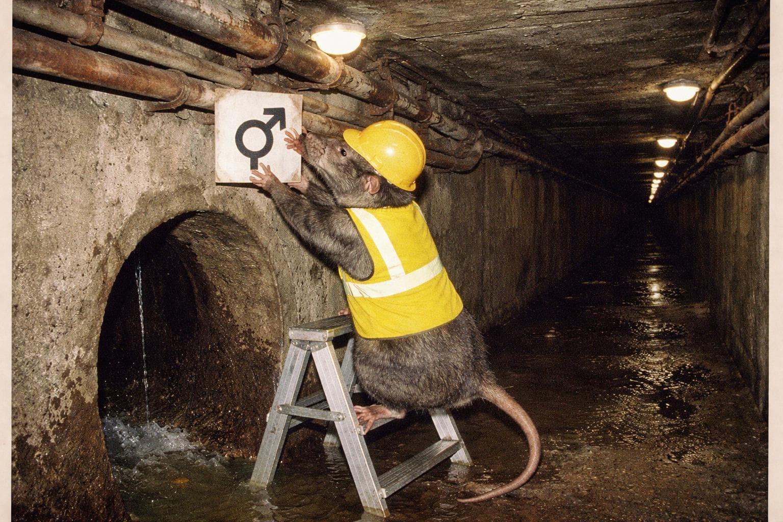 A Rat Coalition facilities officer inspects signage outside Tunnel Junction 7 bathroom cluster on Wednesday.