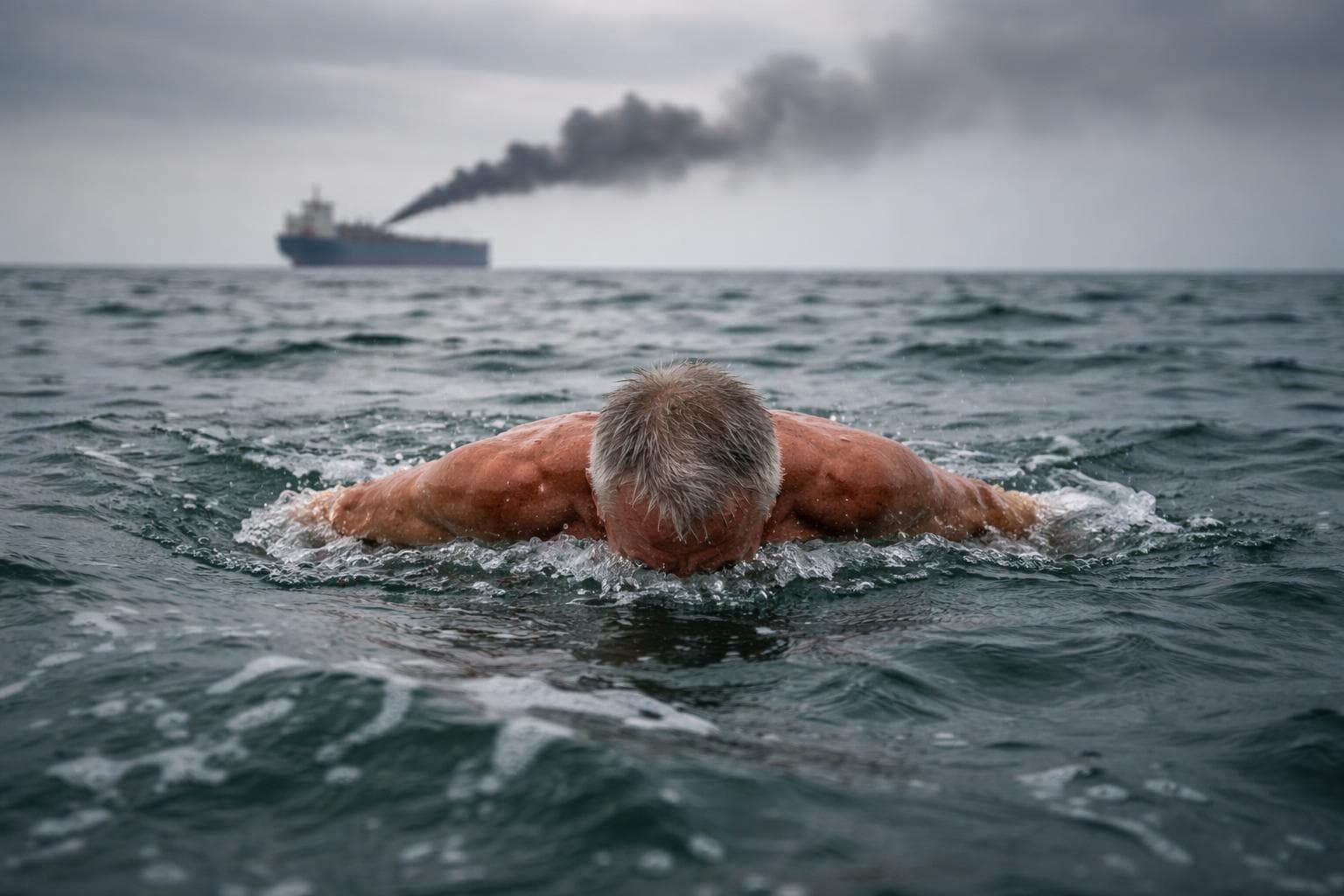 A frame from the 47-second video posted Tuesday by Health Secretary Robert F. Kennedy Jr., showing him mid-stroke in the Strait of Hormuz. A vessel is visible in the background.