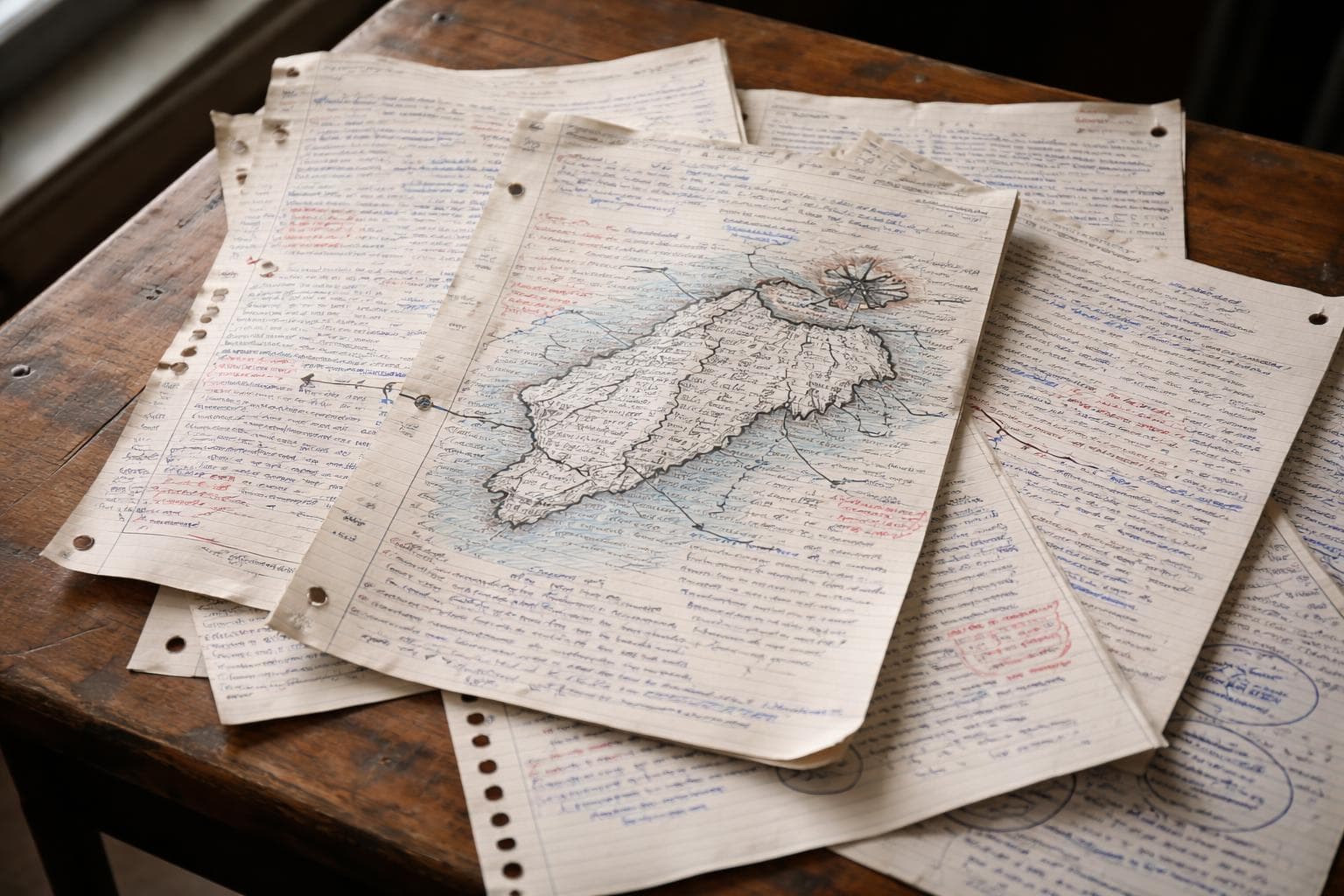 Close-up, slightly overhead shot of a few loose-leaf notebook pages spread on a worn school desk, filled edge-to-edge with dense teenage handwriting in multiple ink colors, featuring a rough hand-drawn map of an island with coastline details and a naval base sketched in the north, alongside a hand-drawn timeline with an arrow stretching back toward a label at the far left — soft overcast light filtering through a classroom window illuminates the pages, pencil smudges and correction marks visible throughout, the margins crowded with annotations and small doodles.