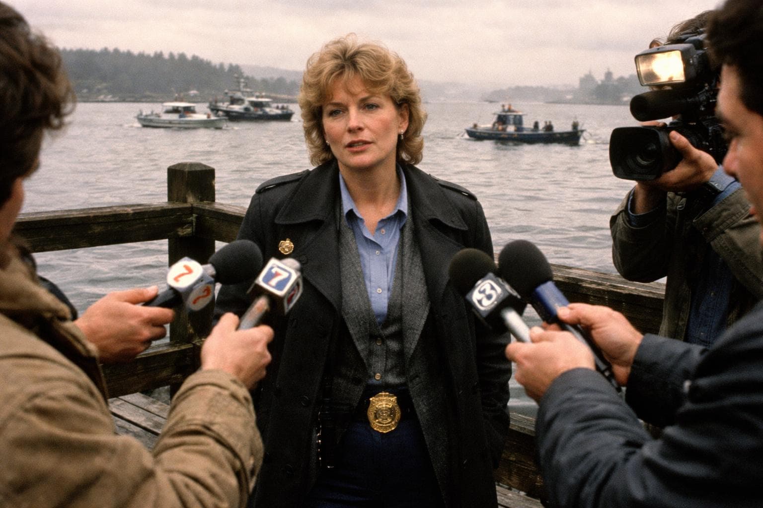 Detective Superintendent Brenda Kowalski addresses reporters at the western pier of Gnu Harbor on Monday, with the recovery site visible behind her.