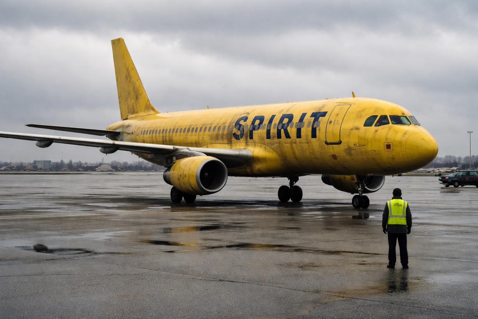 A Spirit Airlines Airbus A320 sits on the tarmac at Gnu Harbor International Airport on Tuesday, its tires visibly present but not yet purchased.