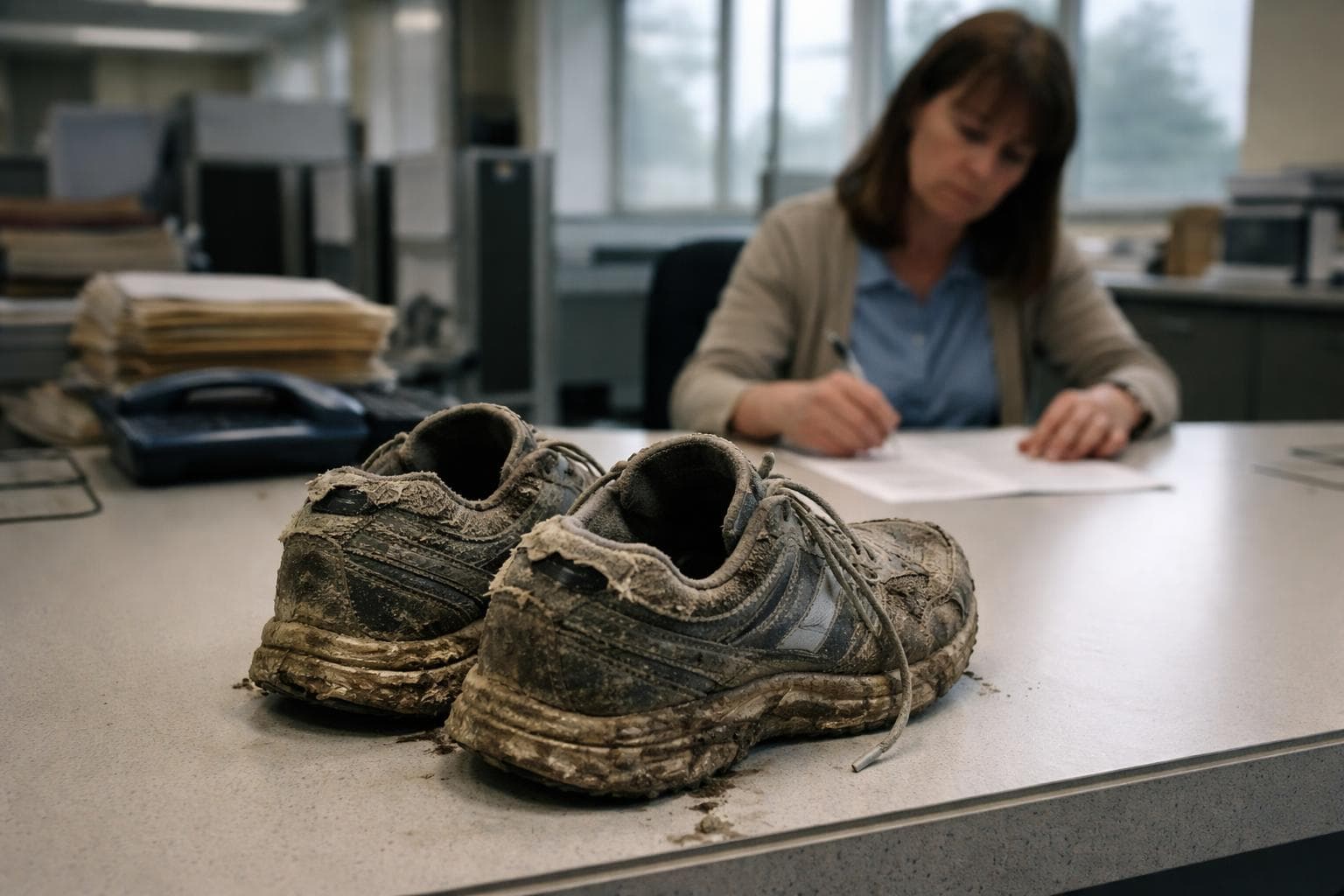 A pair of running shoes, recovered from the highland preserve north of Gnu Harbor, sit on the intake desk of the New Newmanton Institute for Applied Wellness Sciences on Monday.