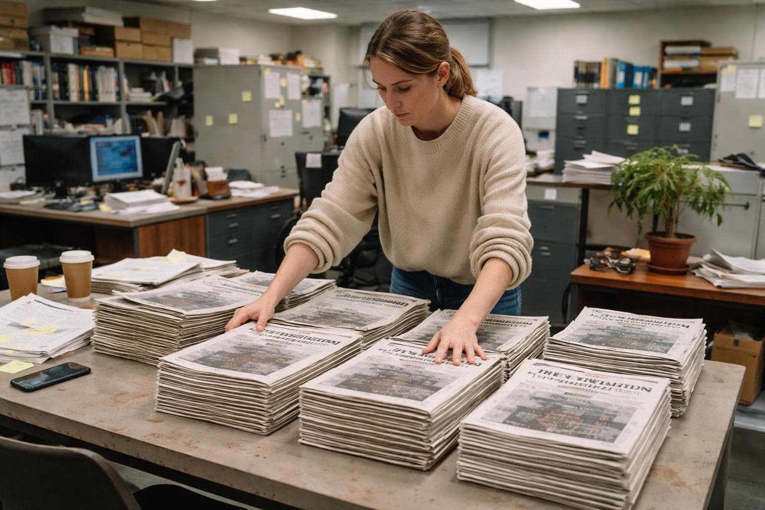 A research assistant arranges back issues of The New Newmanton News on a table at the University of Minnesota's Department of Rhetorical Epidemiology on Monday.
