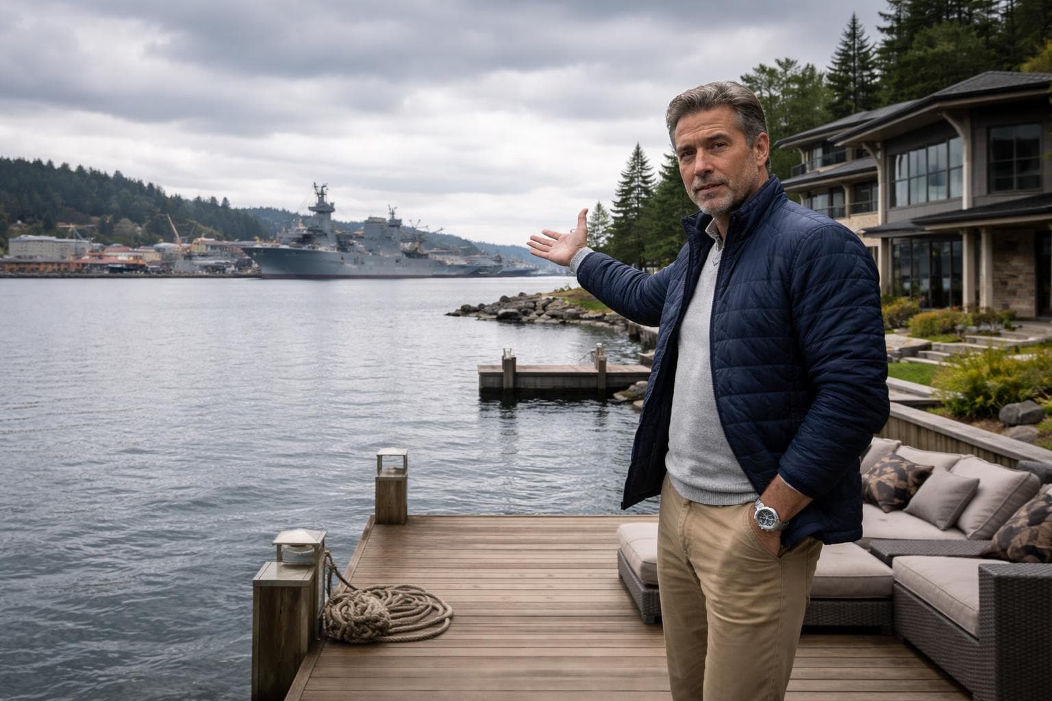 Terrance Gluth stands at the edge of his Gnu Harbor compound's private dock on Wednesday, gesturing toward the naval base expansion he has described as 'honestly, a little small.'