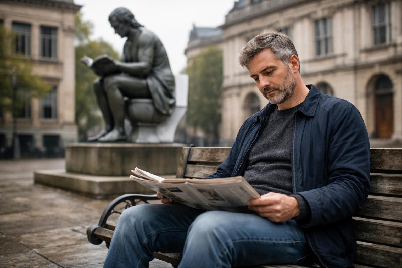 A man reads a newspaper on a bench in Founders' Square on Sunday. He appears calm.