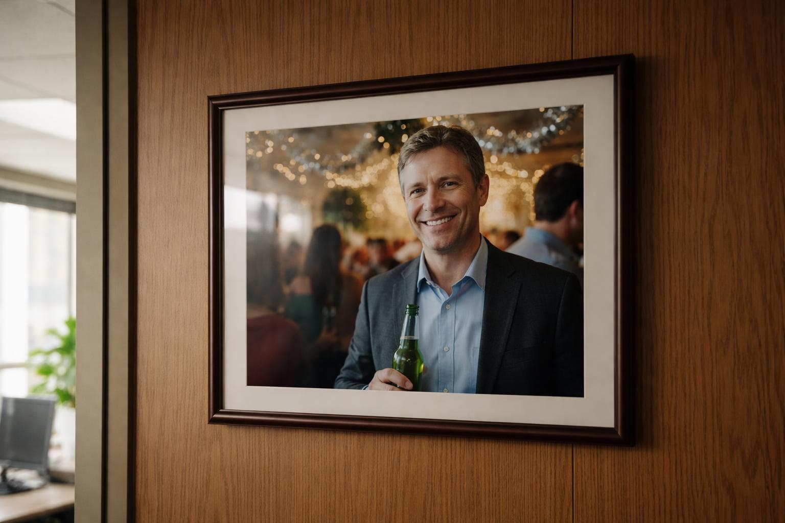 A framed photograph of Theodore Wambolt at the Meridian Assurance Group holiday party, 2022, displayed in the office lobby on Monday.