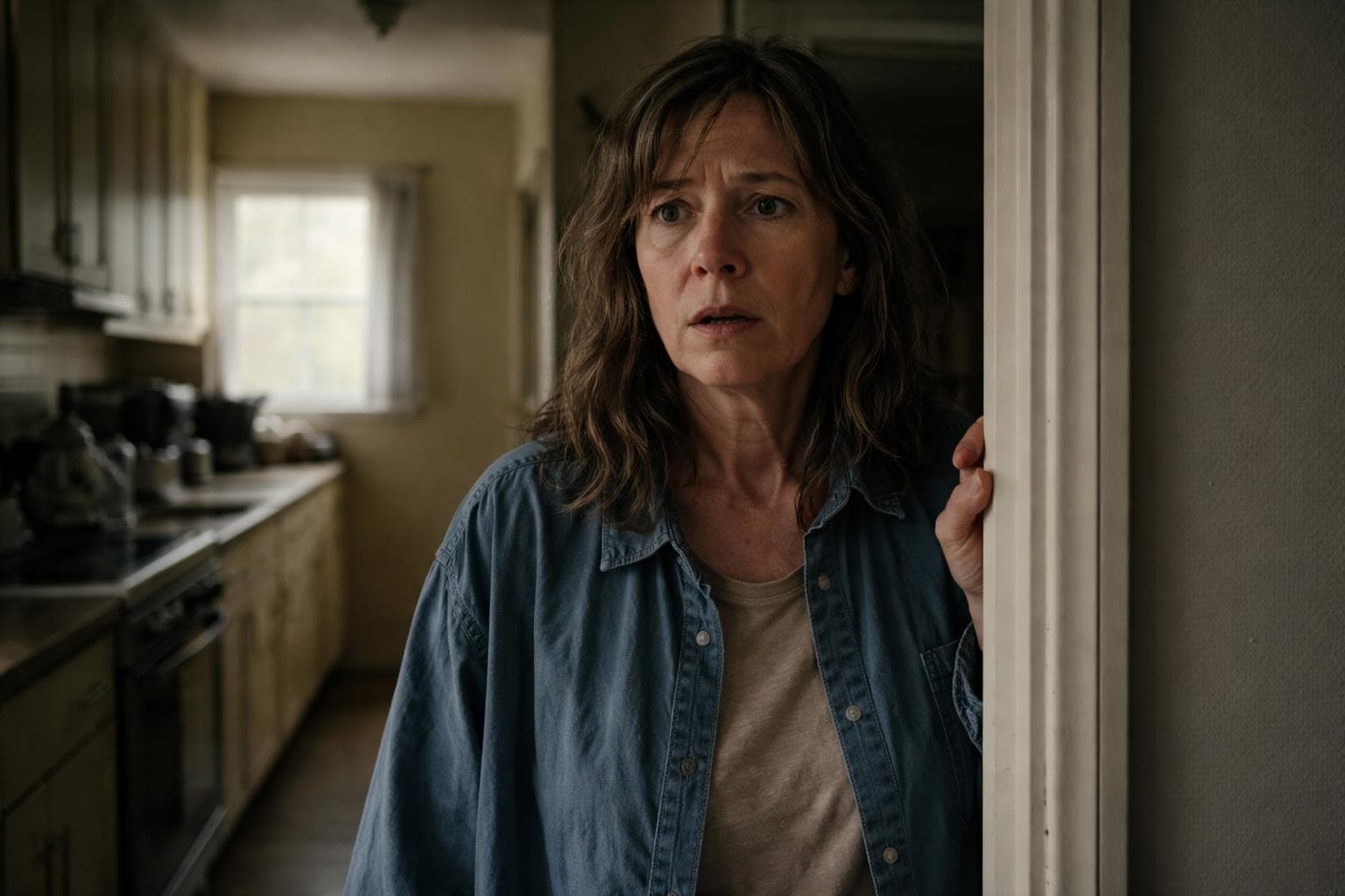 A resident pauses in the kitchen doorway on Aldermere Street Thursday morning, apparently uncertain how to proceed.