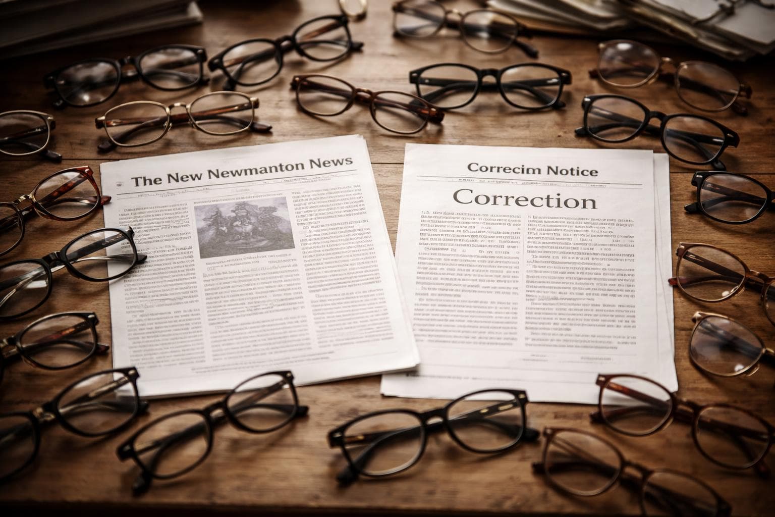 A printed copy of the April 14 article is displayed at the TNNN public affairs desk alongside the correction, which is printed on a separate sheet.