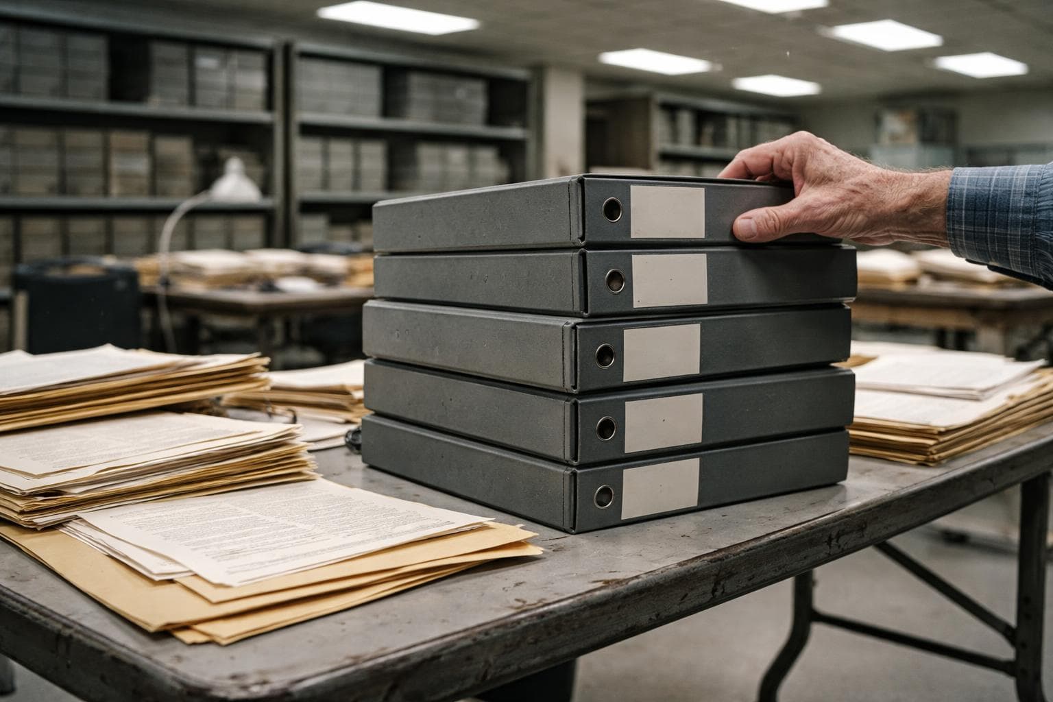 A close-up of multiple large federal archive binders stacked on a metal folding table in a fluorescent-lit university research room, their spines, with an archivist's hand adjusting one of the binders and a few loose index pages visible on the table surface, overcast institutional lighting, documentary style. No visible text