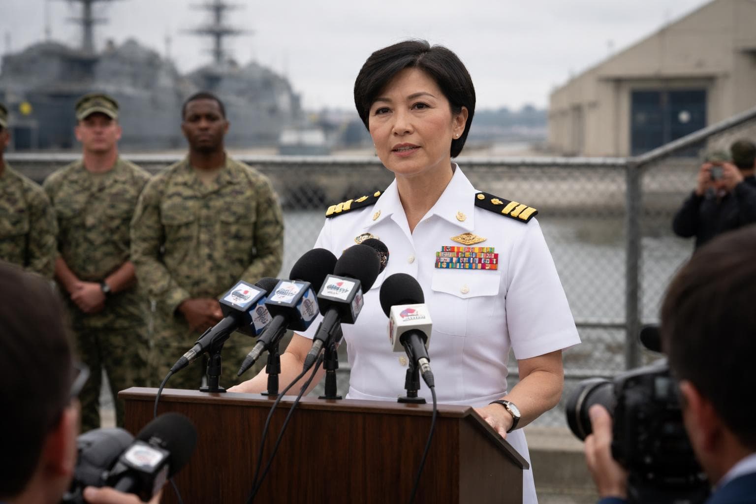 Rear Admiral Christine Yeoh speaks at a press availability at Gnu Harbor Naval Base on Tuesday, confirming that the base is supporting 'operational requirements' without specifying what those requirements are.