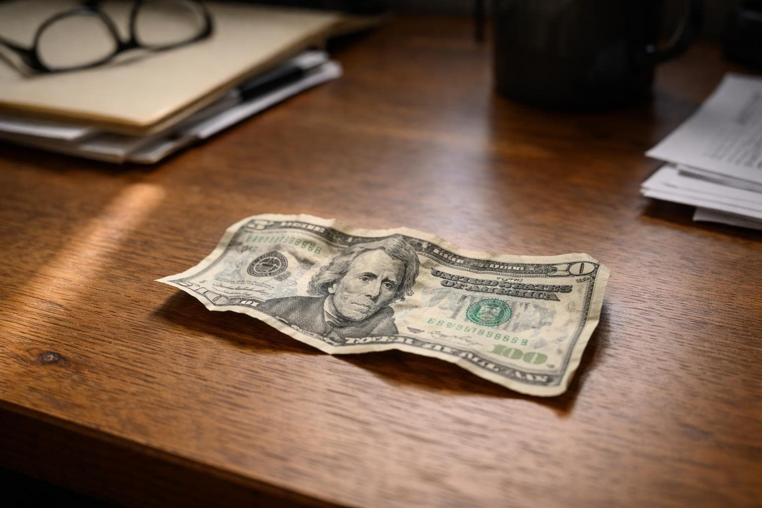 A twenty-dollar bill, photographed Tuesday on a table at the TNNN offices. Its function remains a subject of ongoing inquiry.